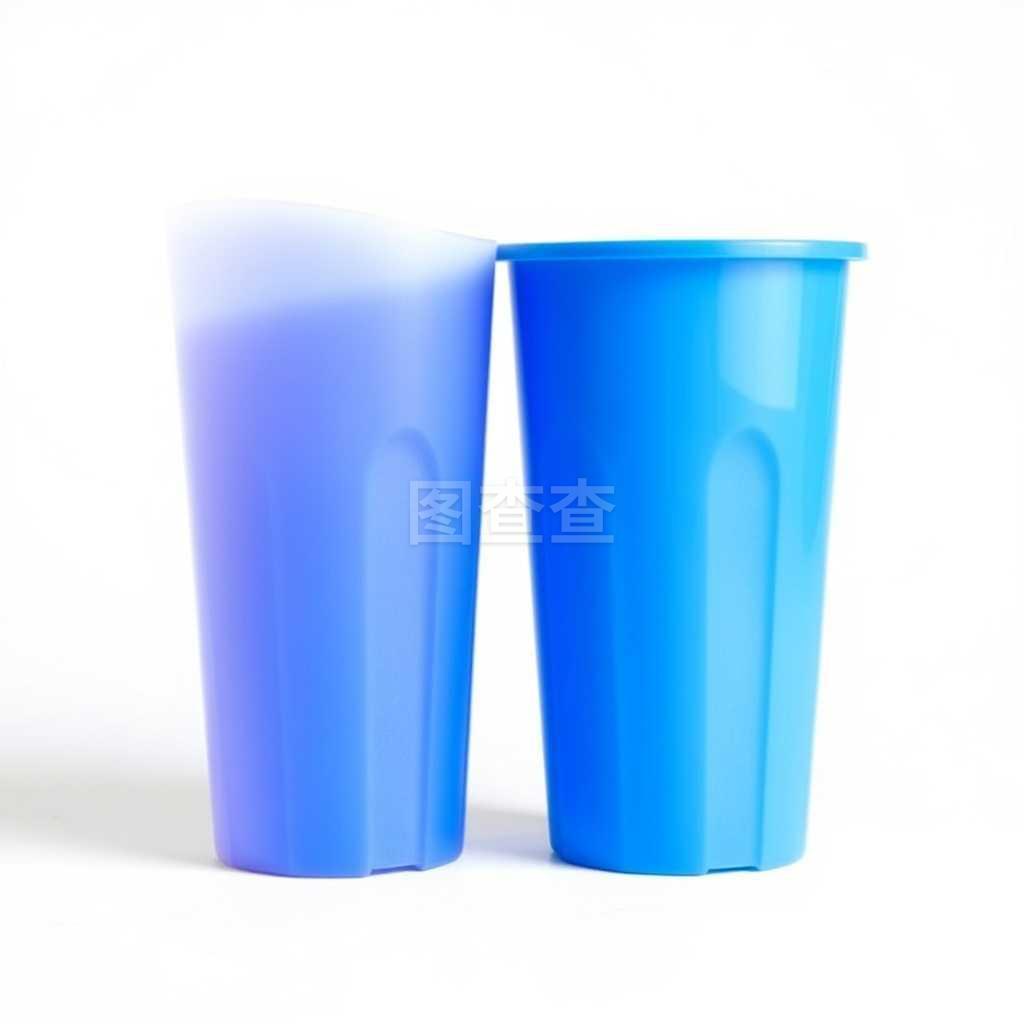 在白色背景上分離的藍色塑料杯